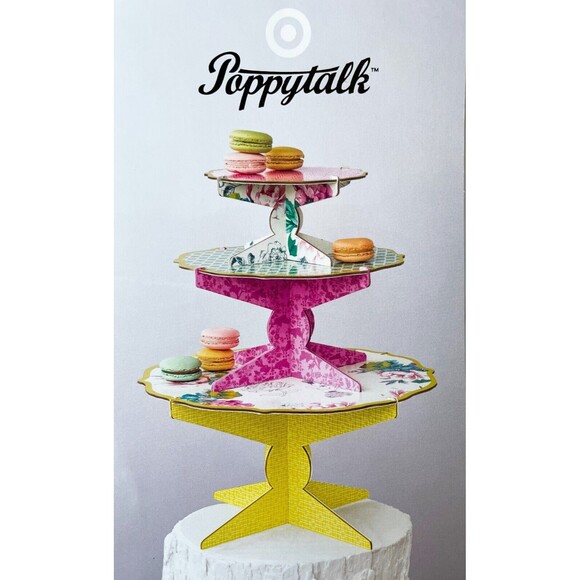 Poppytalk Set of 3 Cake Stands Floral Green Pink Chartreuse Cardboard - Picture 1 of 5